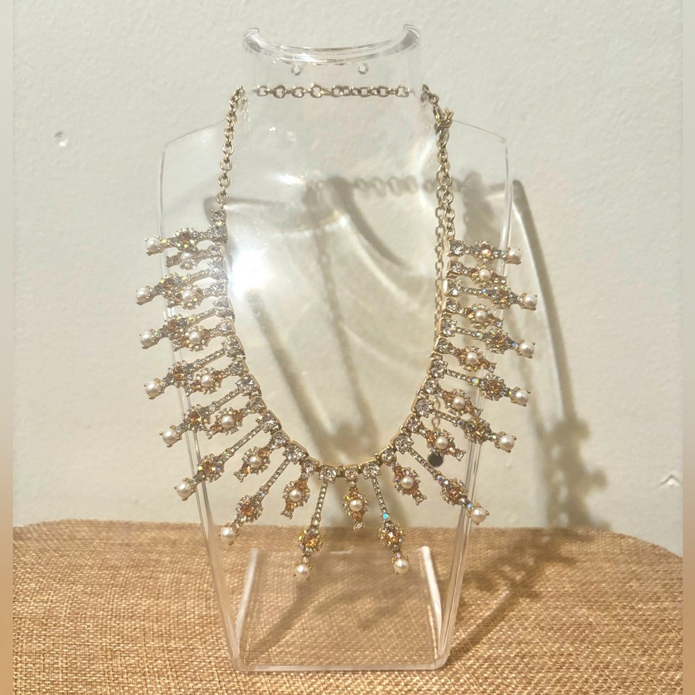 Gorgeous gold-toned rhinestone and pearl statement necklace